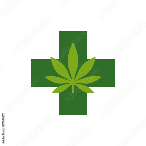 Marijuana leaf with Green Cross. Medical Cannabis. Icon Logo Template. Health and Medical therapy. Isolated vector illustration on white background.
