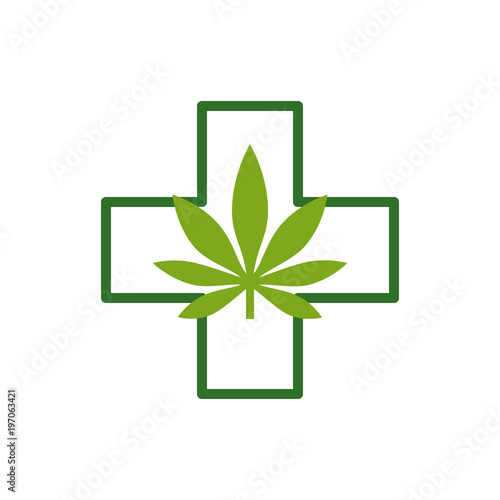 Marijuana leaf with Green Cross. Medical Cannabis. Icon Logo Template. Health and Medical therapy. Isolated vector illustration on white background.