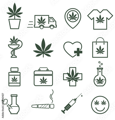 Marijuana, Cannabis icons. Set of medical marijuana icons. Marijuana leaf. Drug consumption. Marijuana Legalization. Isolated vector illustration.