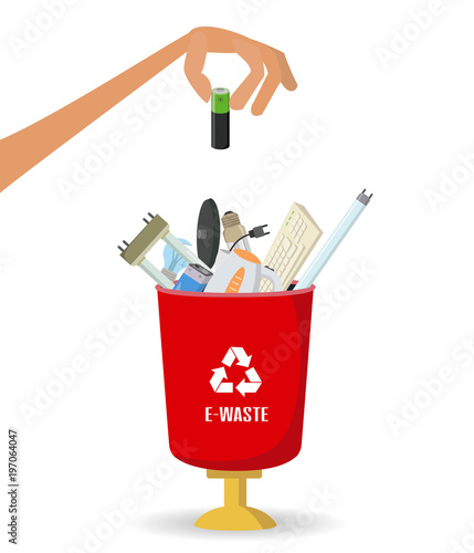 Man throws garbage into a  e-waste container on white background.