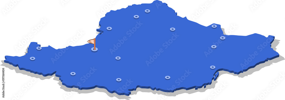 3d isometric view map of Iran with blue surface and cities. Isolated, white background