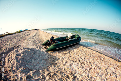 Inflatable boat on the beach.