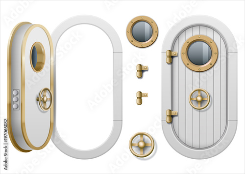 The door and window of the ship polishing metal. Perhaps the door compartment of the submarine or laboratory, bank. Armor. Vector graphics