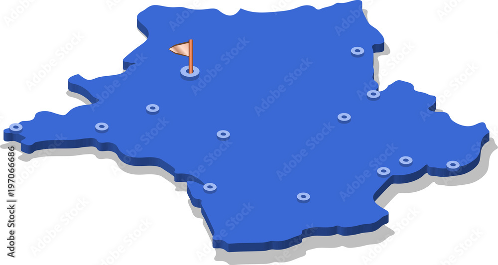 3d isometric view map of France with blue surface and cities. Isolated ...
