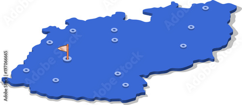 3d isometric view map of Czech Republic with blue surface and cities. Isolated, white background