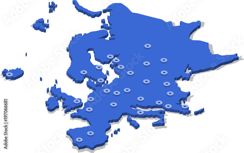 3d isometric view map of  with blue surface and cities. Isolated, white background