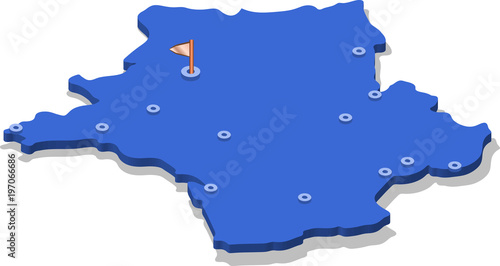 3d isometric view map of France with blue surface and cities. Isolated, white background