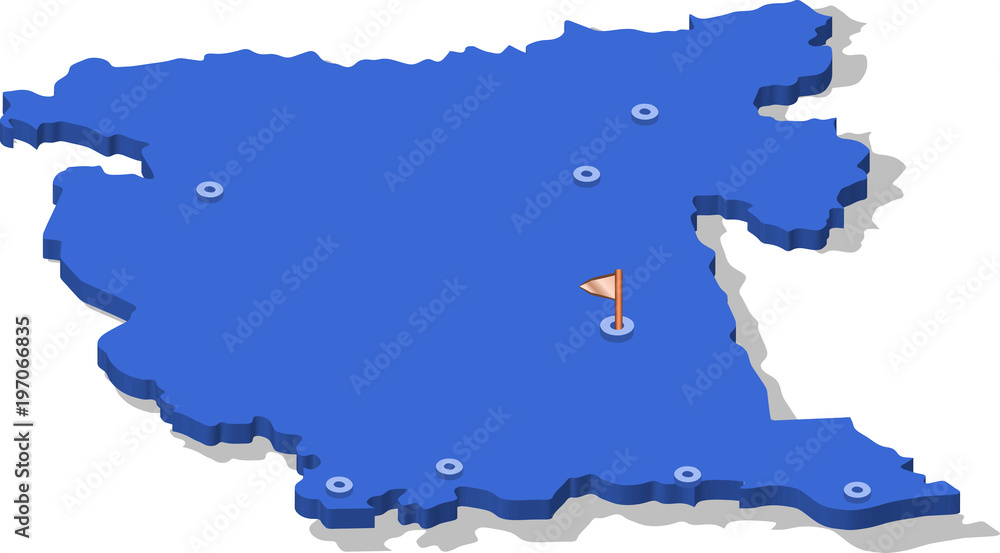 3d isometric view map of Montenegro with blue surface and cities. Isolated, white background
