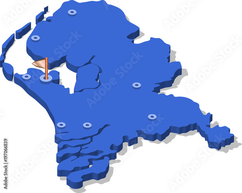 3d isometric view map of Netherland with blue surface and cities. Isolated, white background