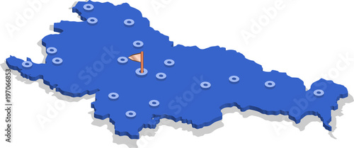 3d isometric view map of Slovenia with blue surface and cities. Isolated, white background