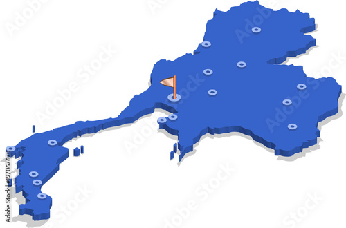 3d isometric view map of Thailand with blue surface and cities. Isolated, white background