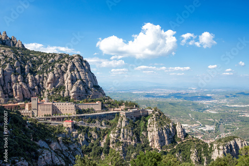 View of the monastery and the mountains of Montserrat. Barcelona, Catalonia, Spain.