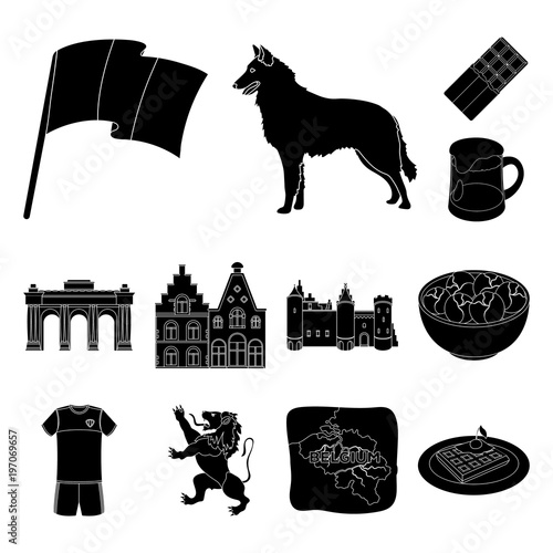 Country Belgium black icons in set collection for design.Travel and attractions Belgium vector symbol stock web illustration.