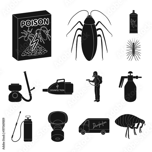 Pest, poison, personnel and equipment black icons in set collection for design. Pest control service vector symbol stock web illustration.