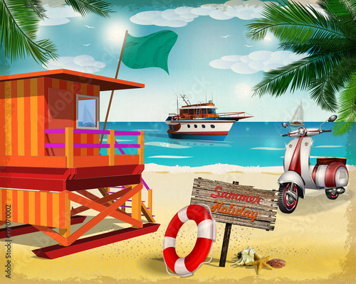 Summer poster with lifeguard tower,scooter and yacht.