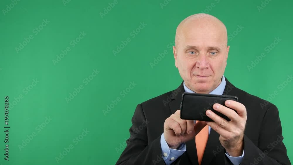 Happy Businessman Using Tablet Make Victory Hand Gestures Happy Businessman Using Tablet Make Victory Hand Gestures