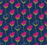 Seamless vector pattern with bright beautiful pink tulips in a row with sketched green stems with a navy background.