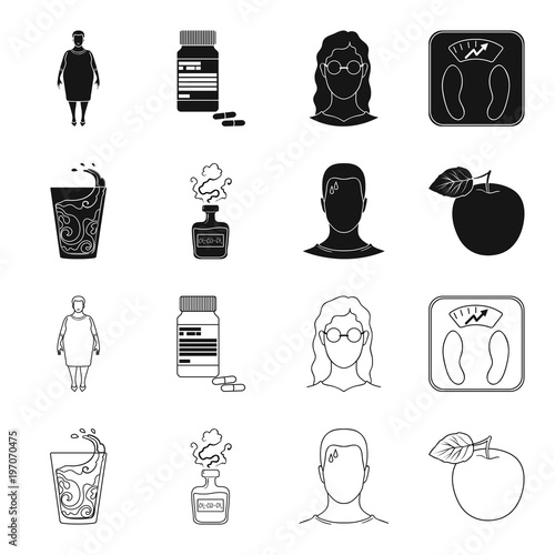 A glass of water, a bottle of alcohol, a sweating man, an apple. Diabeth set collection icons in black,outline style vector symbol stock illustration web.