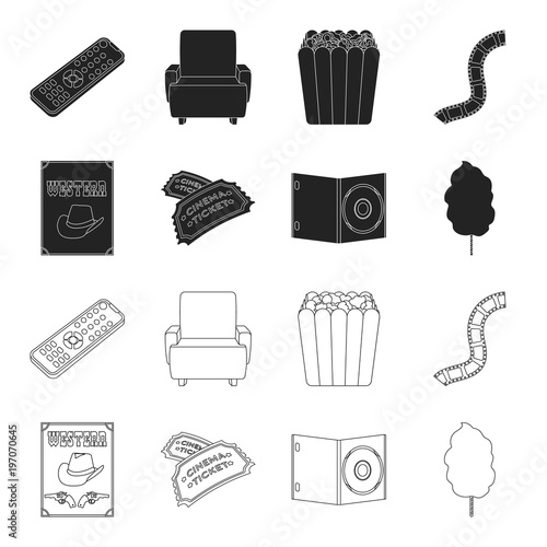 Western cinema, tickets, sweet cotton wool, film on DVD.Filmy and cinema set collection icons in black,outline style vector symbol stock illustration web.