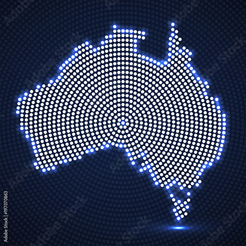 Abstract Australia map of glowing radial dots. Vector