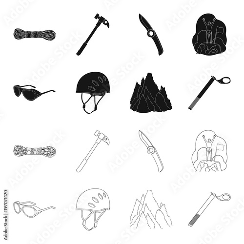 Helmet, goggles, wedge safety, peaks in the clouds.Mountaineering set collection icons in black,outline style vector symbol stock illustration web.