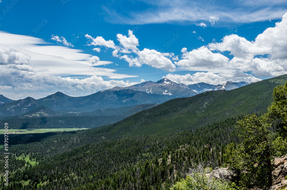 Fototapeta premium Frontier land. Green Wooded Mountain Valley, Rocky Mountain National Park. Colorado