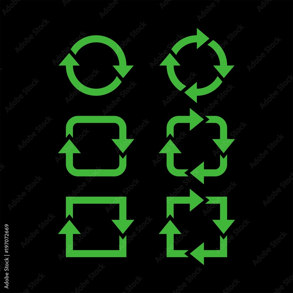 Obraz premium Recycling flat vector icons set. Arrows flat vector icons set