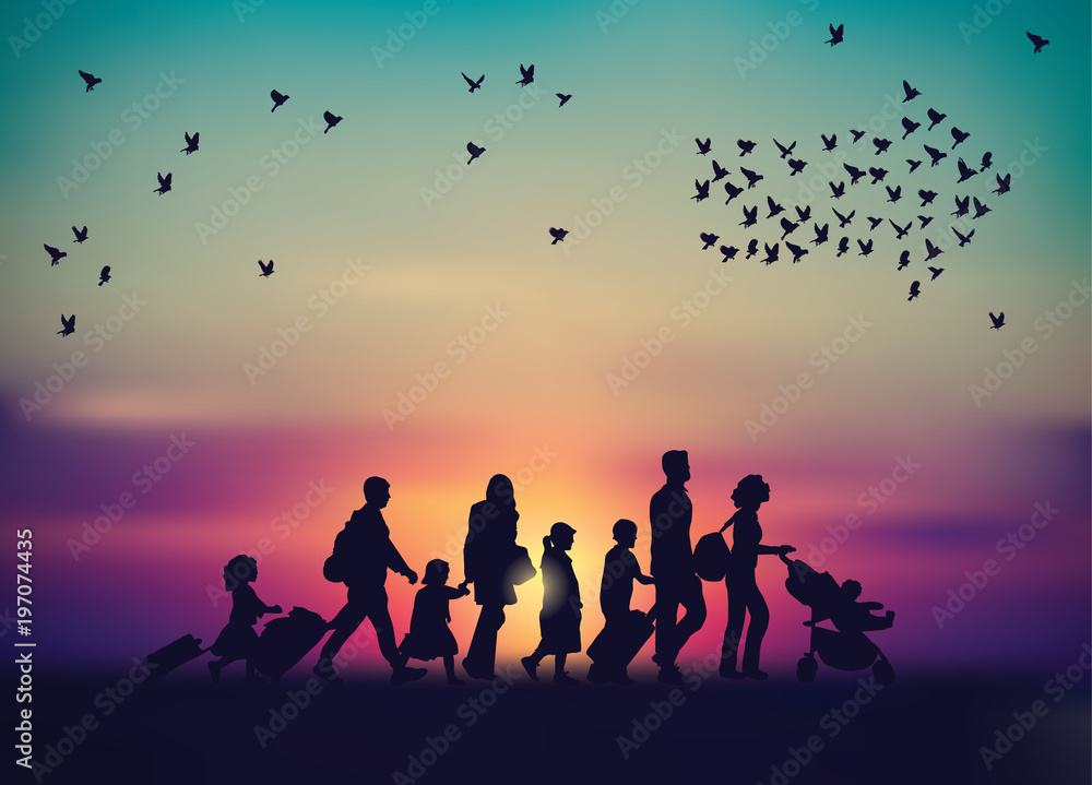 Emigration family sky and birds silhouette. Emigration family sky and birds silhouette.