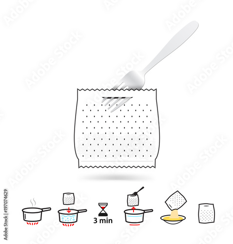 Signs for cooking groats in a package. Cooking and preparation instructions. Vector elements. Ready for your design. EPS10.