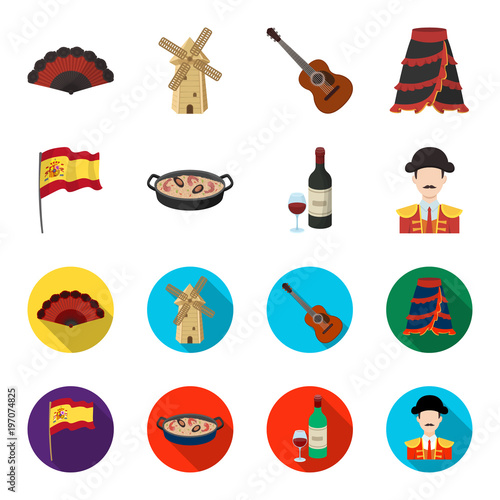 Flag with the coat of arms of Spain, a national dish with rice and tomatoes, a bottle of wine with a glass, a bullfighter, a matador. Spain country set collection icons in cartoon,flat style vector