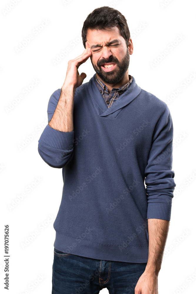 Frustrated handsome brunette man with beard on white background Frustrated handsome brunette man with beard on white background