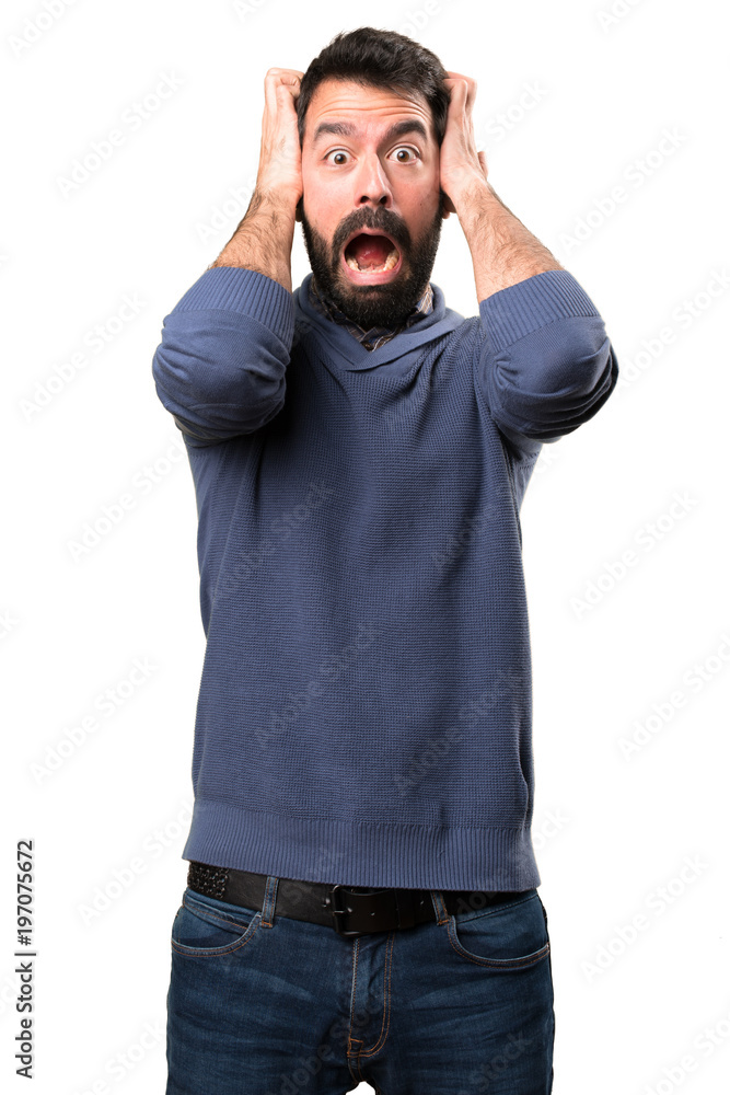 Frustrated handsome brunette man with beard on white background Frustrated handsome brunette man with beard on white background