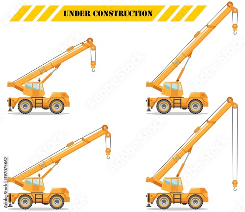 Building crane truck with different boom position. Heavy equipment and machinery. Construction machine. Vector illustration.
