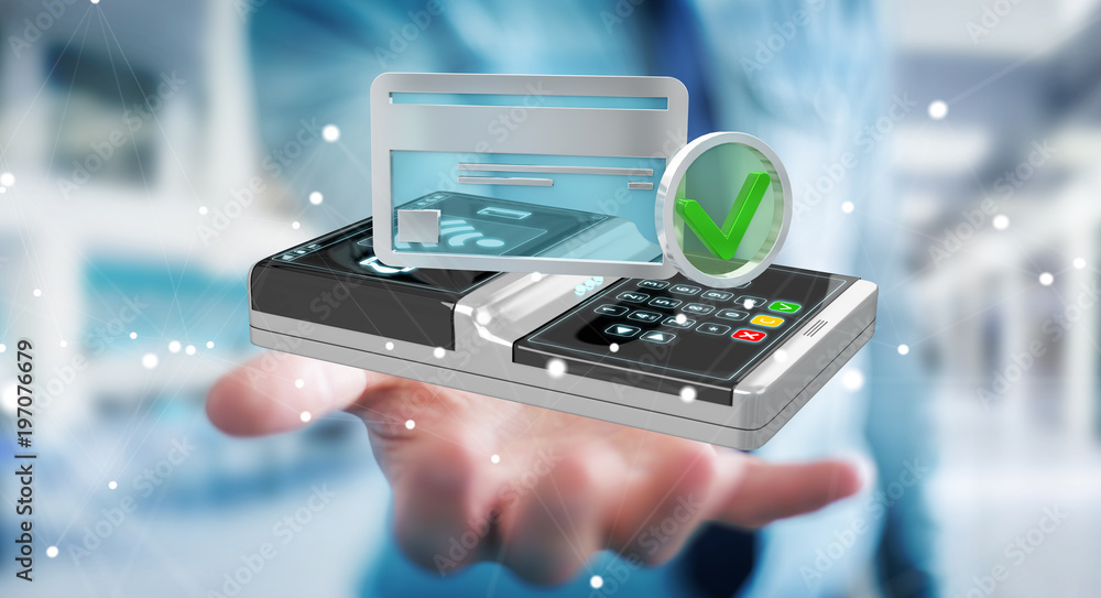 Businessman using contactless terminal payment 3D rendering