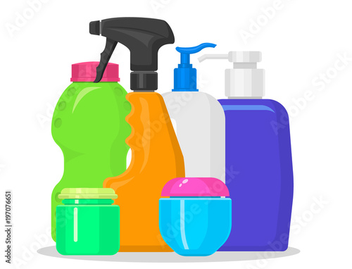 Bottles vector household chemicals supplies and cleaning housework plastic detergent liquid domestic fluid bottle cleaner pack illustration.