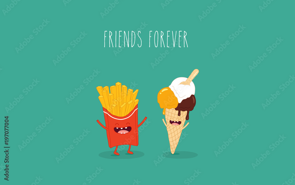 This is a vector illustration. The French fries with ice cream cone are