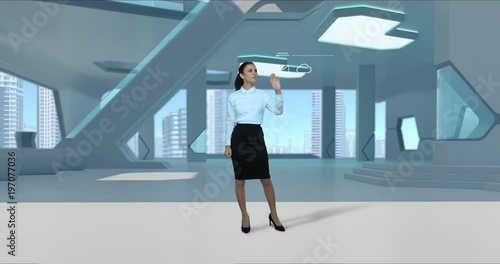 Businesswoman working holographic virtual interface modern futuristic interior. Woman girl touching touch screen. Financial diagrams appearing Virtual Augmented Reality future touchscreen technology
