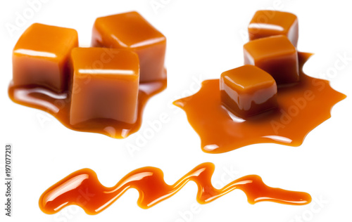 Caramel pieces and sauce collection isolated on white background