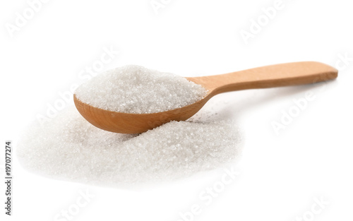 Wooden spoon with pure sugar on white background