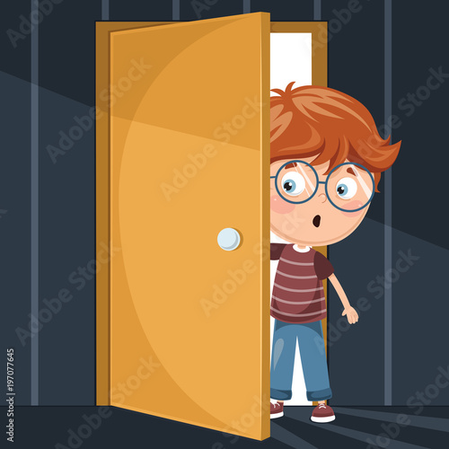 Vector Illustration Of Kid Entering Dark Room