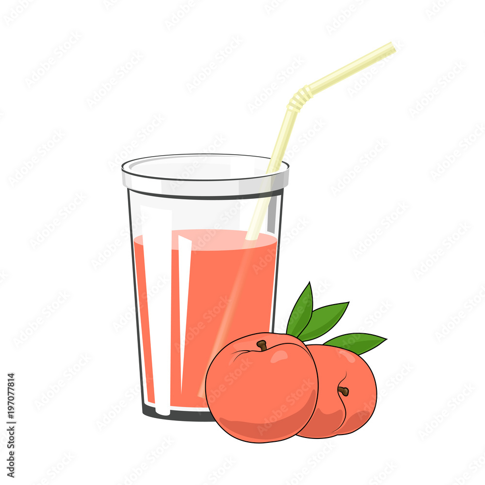 Glass of Fresh Fruity Juice of Peach and a Straw Isolated on White Background , Summer Refreshing Drink, Vector Illustration Glass of Fresh Fruity Juice of Peach and a Straw Isolated on White Background , Summer Refreshing Drink, Vector Illustration