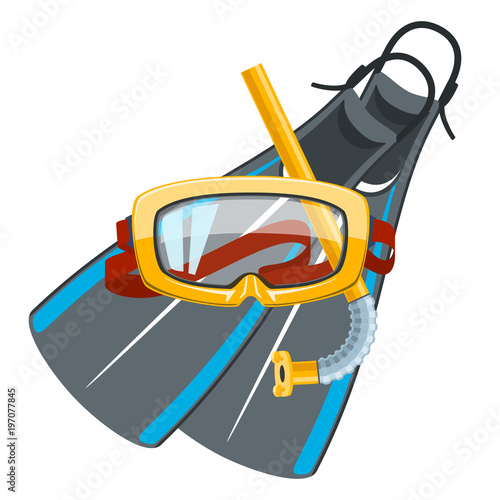 Yellow Diving Mask and Snorkel with Flippers Isolated on White Background, Active Summer Holidays, Vector Illustration