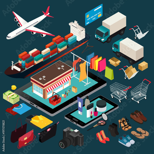 Isometric Illustration of Shopping and Shipping
