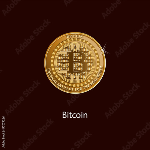 Bitcoin is a symbol of a physical coin. Gold sign of crypto currency on a dark background. Cryptography, illustration of financial technologies. Use for logos, print products.