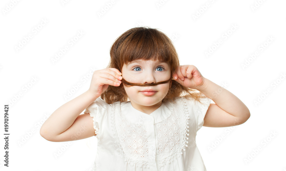 4-5 year old girl making a mustache out of hair on white background 4-5 year old girl making a mustache out of hair on white background