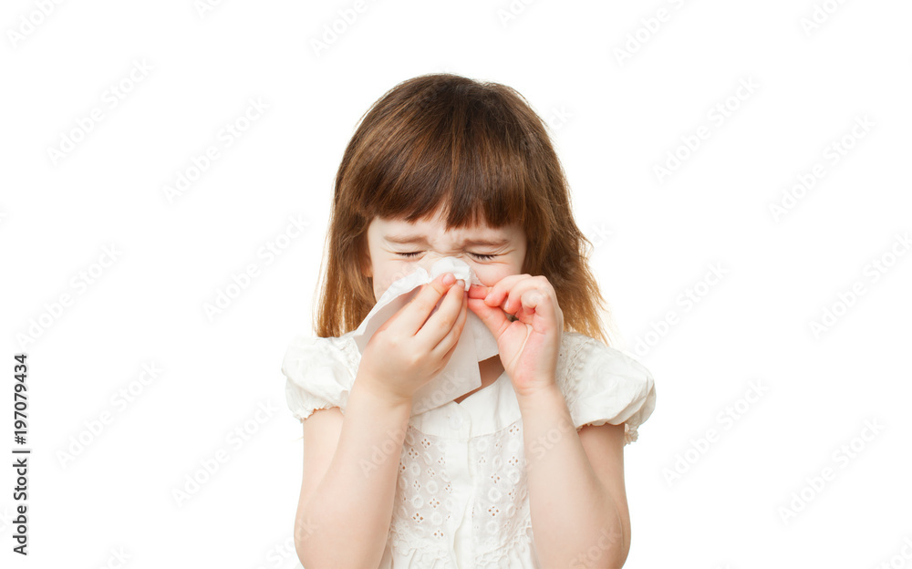 Girl 4-5 years snotting nose on white background Girl 4-5 years snotting nose on white background