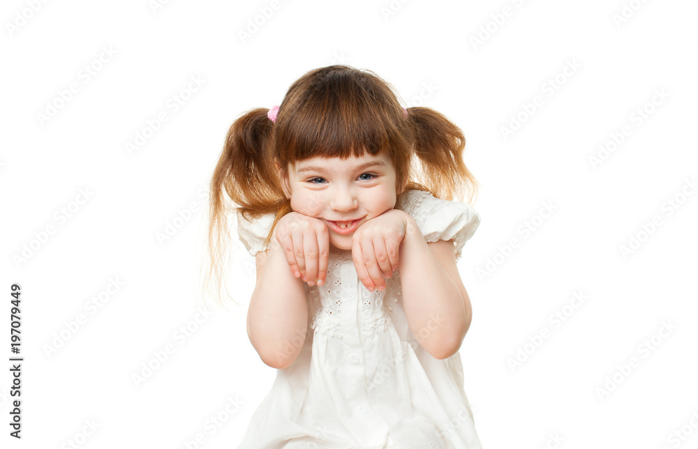 Girl 4-5 years old depicts a hare on white background Girl 4-5 years old depicts a hare on white background