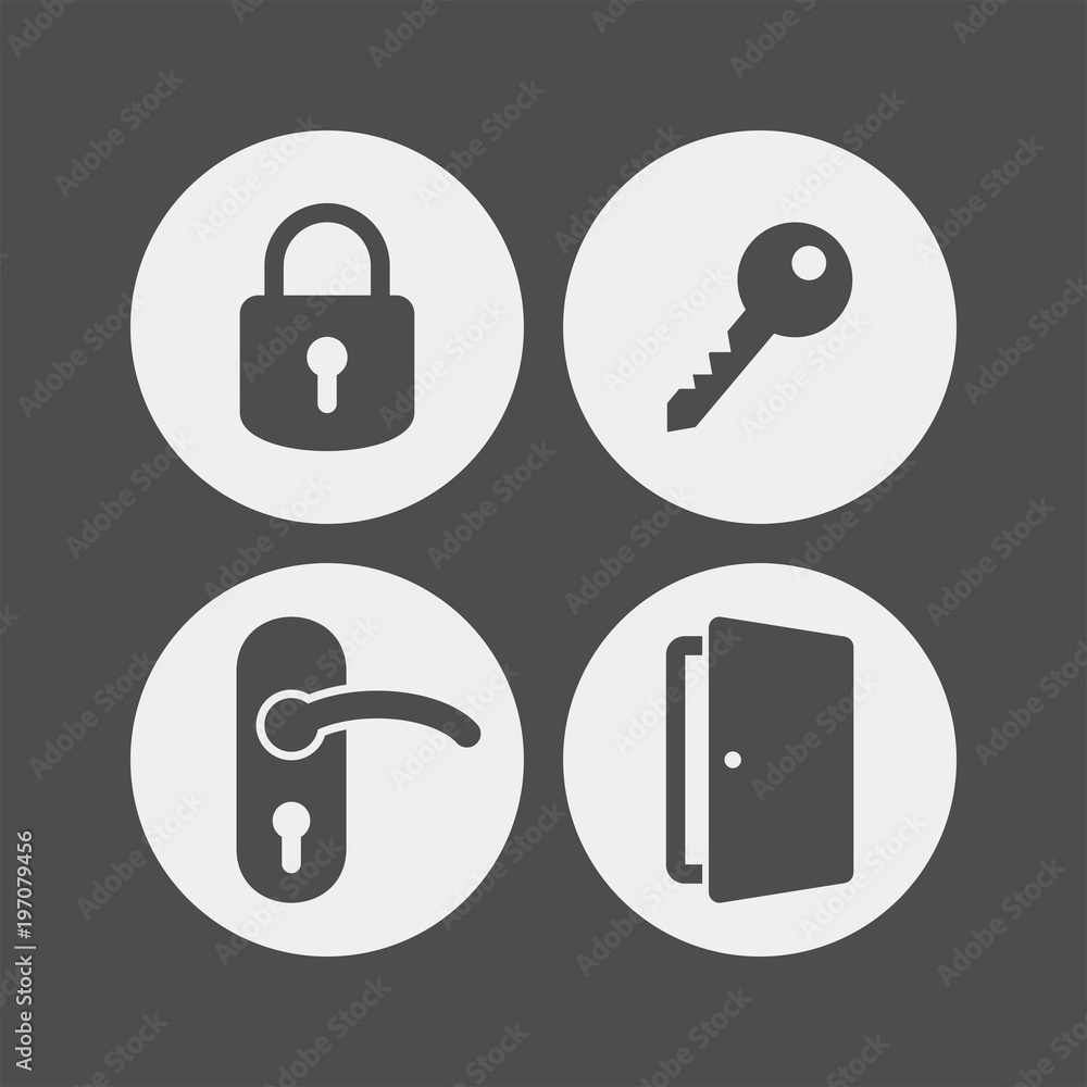 Padlock flat vector icons set. Doors flat vector icons set. Keys flat vector icons set. Lock, key, door handle, door flat vector icon Padlock flat vector icons set. Doors flat vector icons set. Keys flat vector icons set. Lock, key, door handle, door flat vector icon