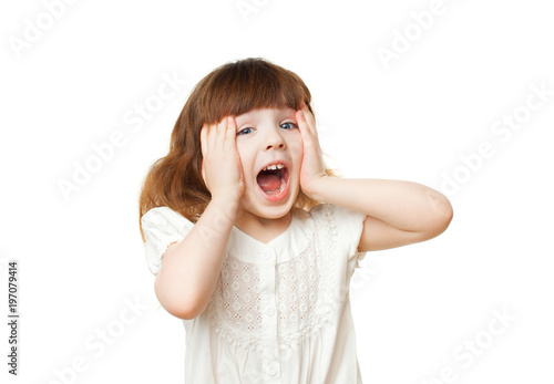 Girl 4-5 years being terrified screams on a white background