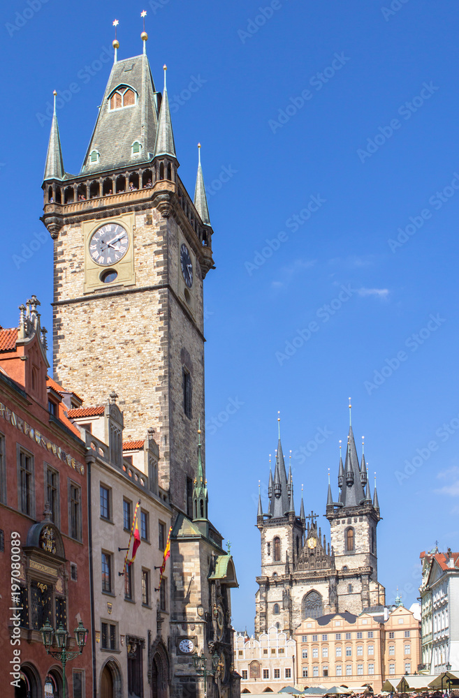 Tower with Astronomical clock and Tyn church in Prague